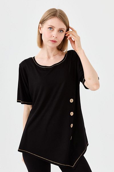 Desen Triko Tricou din bumbac pieptănat cu nasturi din lemn, cu gât în ​​față, negru