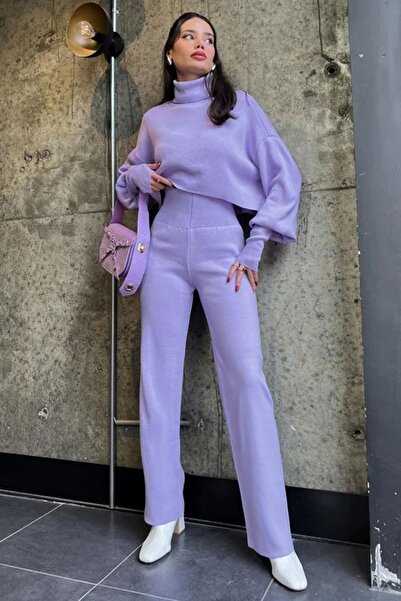 WOMAN VISION Lila kötött pulóver és magas derekú kötött nadrág - kézzel zárható garbó szett 015