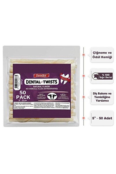 Freshy Dental Chews White Twist Sticks Dog Treat Diş Sağlığı Için Beyaz Burgu Çubuk Kemik 50 Adet 300 Gr