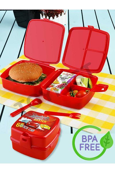 TOYFEST Lock Lid 2 Tiers 4 Compartments Lunch Box & Lunch Box with Spoon and Fork - Speed Master Themed