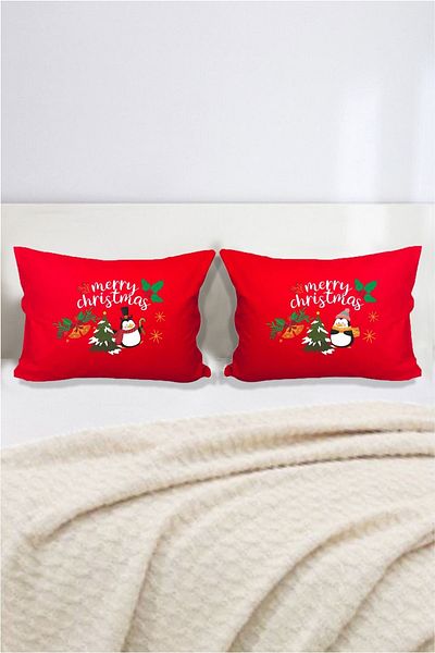 Hediyenza New Year Mery Christmas Penguins Double Decorative Pillow Case 50x70 Cm - Red
