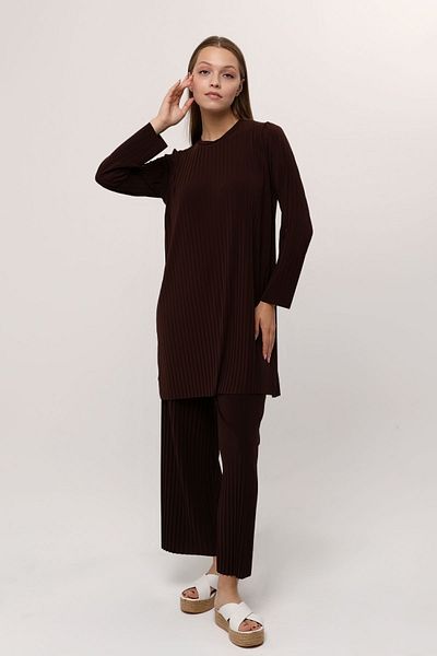 ilmek Γυναικείο καφέ παντελόνι Hijab Tunic Πλισέ Άμμο Διπλό Σετ 5219