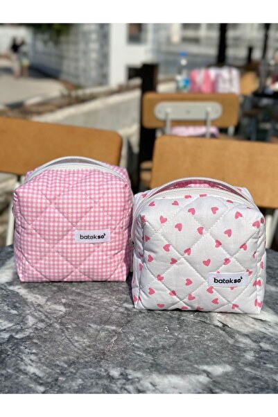 Batekso Τσάντα μακιγιάζ 2 τεμαχίων Mini Pink Heart και Pink Square Pattern - Μικρό μέγεθος