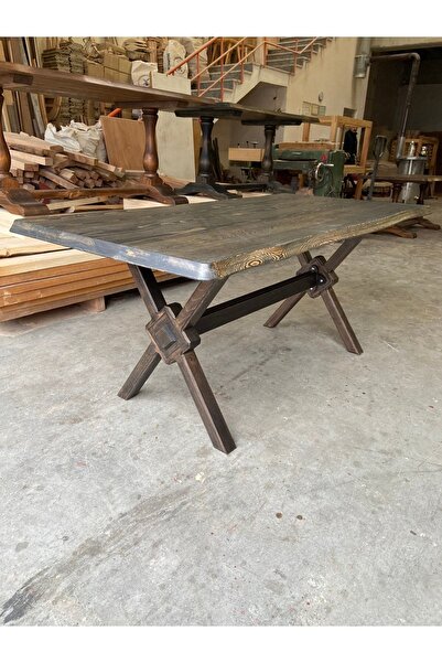 EMEL AHŞAP Masif Doğal Ahşap Yıldız Ayaklı Kütük Masa, 160*90 Cm, Yemek-mutfa...