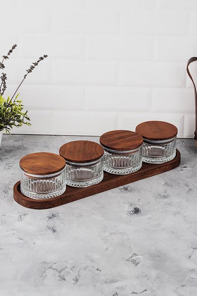 LUX ET AMOR Vella 5 Piece Tray Wooden Vacuumed Glass Breakfast Multi-Purpose Glass Snack Bowl with Lid 235 ml
