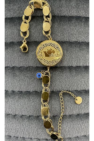 Souvenir Pool Souvenirs Pool, Gold Color, Quarter Figured, Blue Bead Detailed, Sequin Chain Steel Bracelet