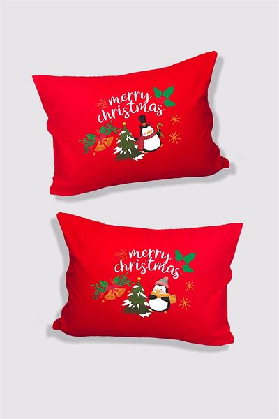 Hediyenza New Year Mery Christmas Penguins Double Decorative Pillow Case 50x70 Cm - Red