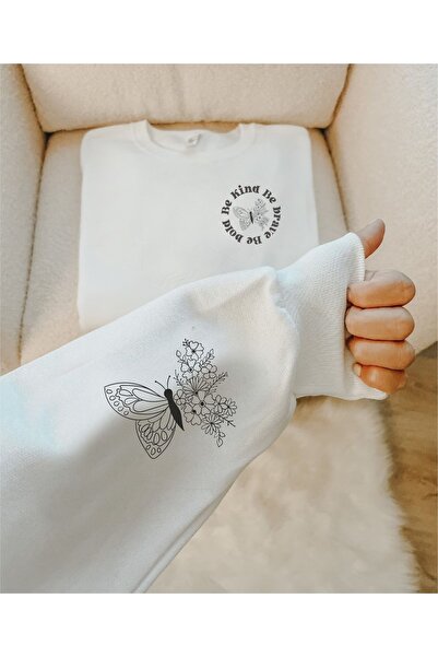 Hediyenza Λευκό φούτερ πεταλούδα Unisex για ενήλικες με 3 κλωστές χοντρό ύφασμα