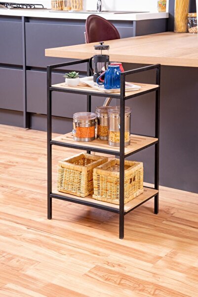 Home Metal Ahşap Dekoratif 3 Raflı Çok Amaçlı Açık Mutfak Dolabı