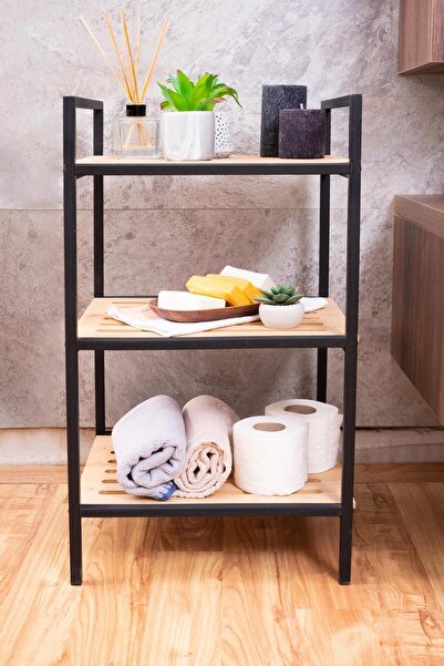 Home Metal Ahşap Dekoratif 3 Raflı Çok Amaçlı Açık Banyo Dolabı