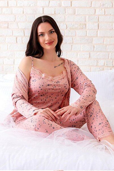 MAGZA Sabahlıklı Atletli Dantel Detaylı Yıldız Desenli Pembe Kadın Pijama Takımı