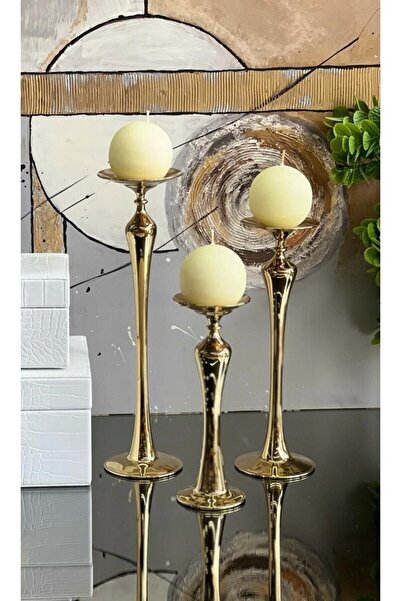 ArzzHome 3 Lü Magic Cam Mumluk & Şamdan Gold Titanyum + Krem Mum