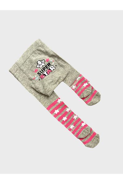 ALİŞ KİDS Girl's Gray Cotton Star Patterned Pink Striped Pantyhose