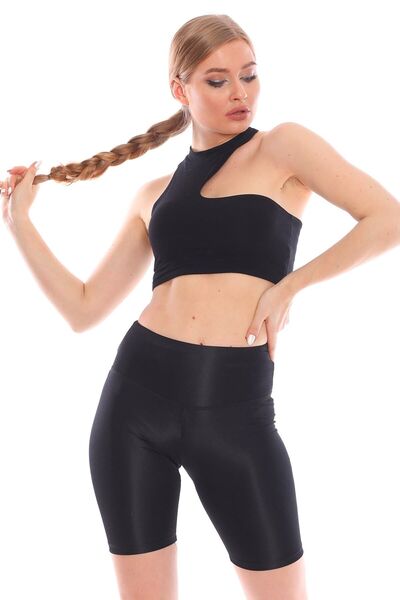 PodiumStar سروال نسائي أسود عالي الخصر وحزام سميك قصير لامع للديسكو