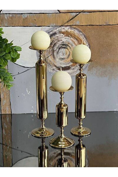 ArzzHome 3 Lü Angel Cam Mumluk & Şamdan Gold Titanyum + Krem Mum