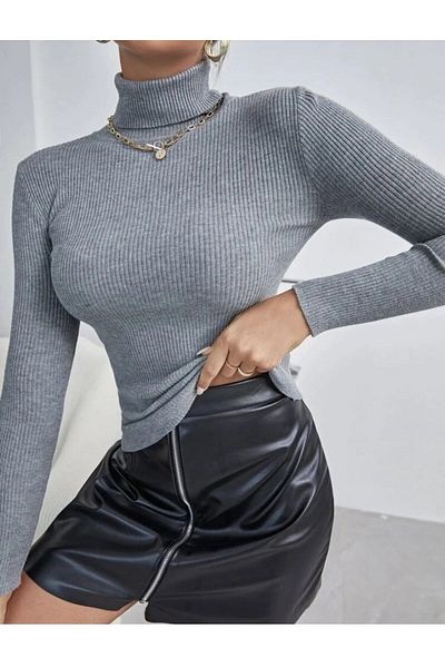 tynemode Body cu nervuri gri - jumătate de gât țesut, decupaj camisole