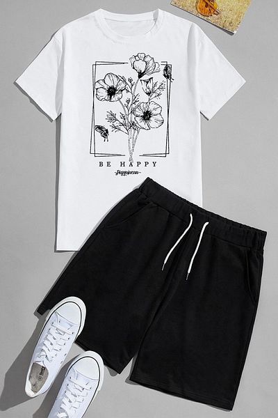 uyguntarz Be Happy Shorts-Set mit Aufdruck Unisex
