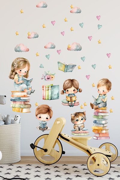 Sim Tasarım Kids Reading Books Children's Room Decorative Wall Sticker Set