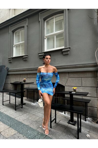 joshua Γυναικείο μακρυμάνικο στράπλες μπλε εμπριμέ φόρεμα