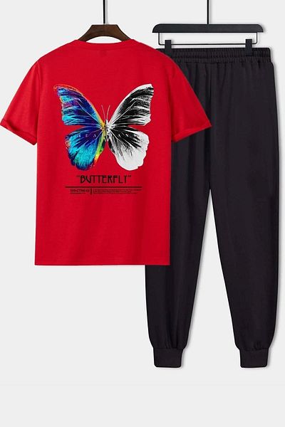 uyguntarz Zweiteiliges Unisex-Trainingsanzugset mit Schmetterlingsdruck
