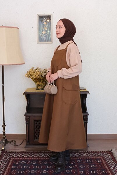 Ceylan Otantik Μαύρο καφέ λινό φόρεμα με φούστα