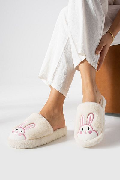 ALMİNA Rabbit Embroidered Plush Fluffy Women's Home Slippers - Silent Sole Dowry Slippers