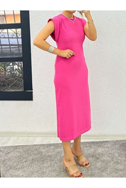 Genel Markalar T Kol Ottomat Kumaş Elbise-Pembe - S