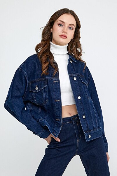 Genel Markalar Kadın Raw Blue Premium Oversize Pilili Basic Denim Ceket