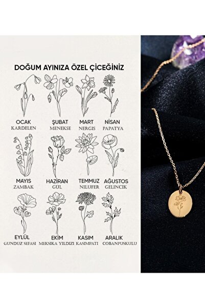 Her Ayın Çiçeği Yapılır - Çiçek Kolye - Kadın Kolye - Gümüş Kaplama Kolye - Kadın Çelik Kolye