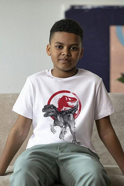 Butik تي شيرت أبيض مطبوع عليه ديناصور للجنسين