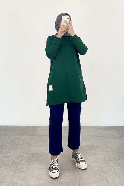 lamelif Emerald Tunic - Crew Neck and Crest Detail