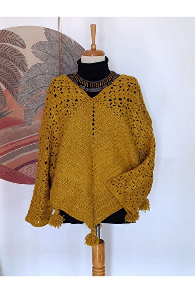 Hippybutik Hardal Sarısı Püskül Detaylı Çift Yön Giyilebilir El Örgüsü Yün Tunik