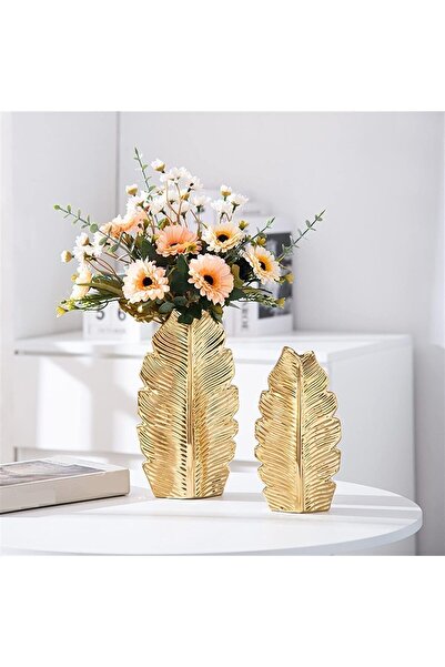 FLORADA Set nou de 2 vaze decorative metalice cu frunze aurii