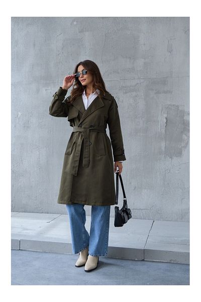 Elif Özbey Butik Double Breasted Cut Khaki Trench - Belt Detailed