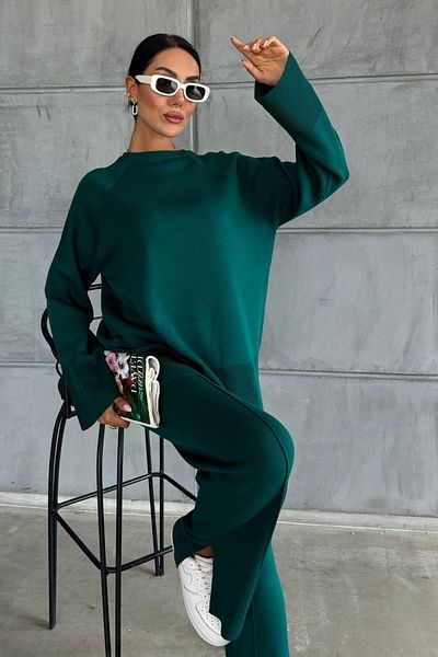 WOMAN VISION Oversize Trousers and Sweater Set with Grass and Slits for Emerald Knitwear Fabric - 1027