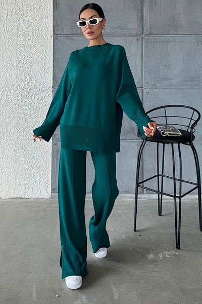 WOMAN VISION Oversize Trousers and Sweater Set with Grass and Slits for Emerald Knitwear Fabric - 1027