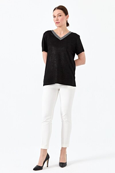 Desen Triko Women's V-neck Striped Combed Cotton T-shirt Black