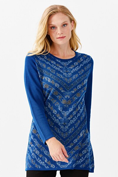 Desen Triko Pulover lung pentru damă, cu gât roșu, în față, cu modele florale, S.albastru