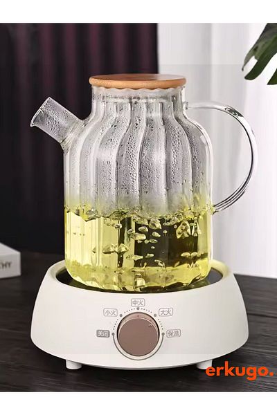 ERKUGO Heat Resistant Borosilicate Glass Teapot - Vacuum Bamboo Lid with Strainer (1800 ml) Ecg-Lemonade