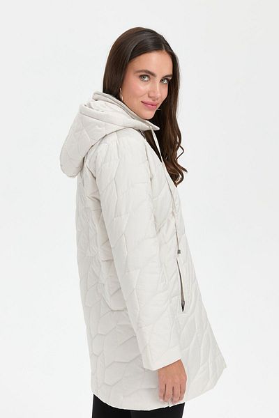 Desen Triko Polo Collar Leaf Patterned Women's Quilted Coat - Ecru with Snap Fasteners