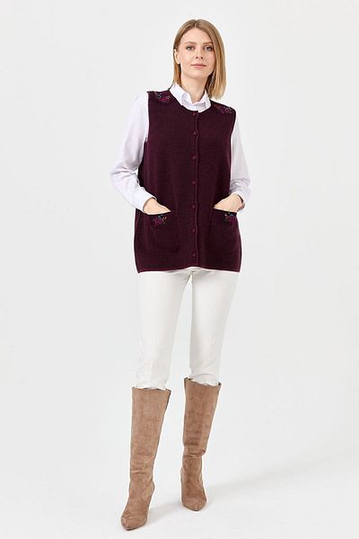 Desen Triko Women's Crew Neck Shoulder Pocket Cover Felted Embroidered Buttoned Wool Vest Red