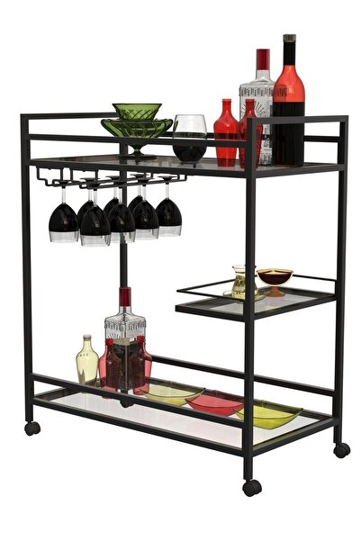 Elips Wesgoo Servis Arabası & Bar & Dressuar ( Mat Siyah - Şeffaf Cam)