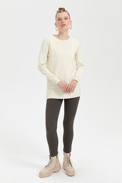 Desen Triko Glittery Buttoned Women's Zero Collar Blouse - Bone