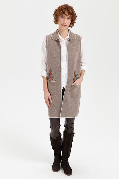 Desen Triko Women's Polo Neck Open Front Embroidered Long Wool Vest V.Beige
