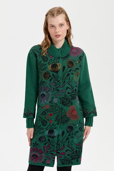 Desen Triko Cardigan lung de lână pentru femei, cu decolteu în picioare, cu imprimeu floral colorat
