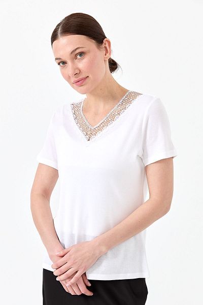 Desen Triko Tricou damă cu decolteu în V cu guler din dantelă alb