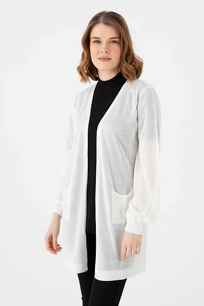 Desen Triko Cardigan lung din tricot simplu pentru femei Ecru