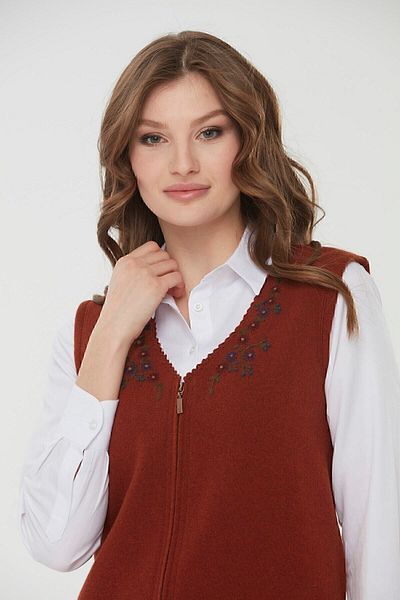 Desen Triko Women's V-Neck Embroidered Pocket Wool Vest Overcoat