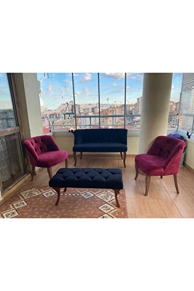 Genel Markalar Siyah Bordo Babyface Cay Seti Koltuk Takımı 2 1 1 Puf Hedye