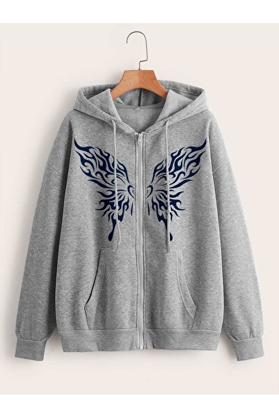 SeusCraft Cardigan de iarnă supradimensionat cu glugă - gri, cu imprimeu flut...